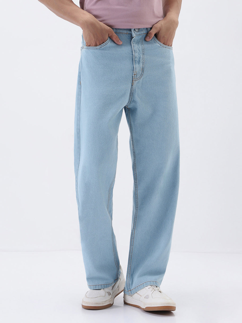 Men's Ice Blue Loose Fit Washed Jeans Non-Stretchable