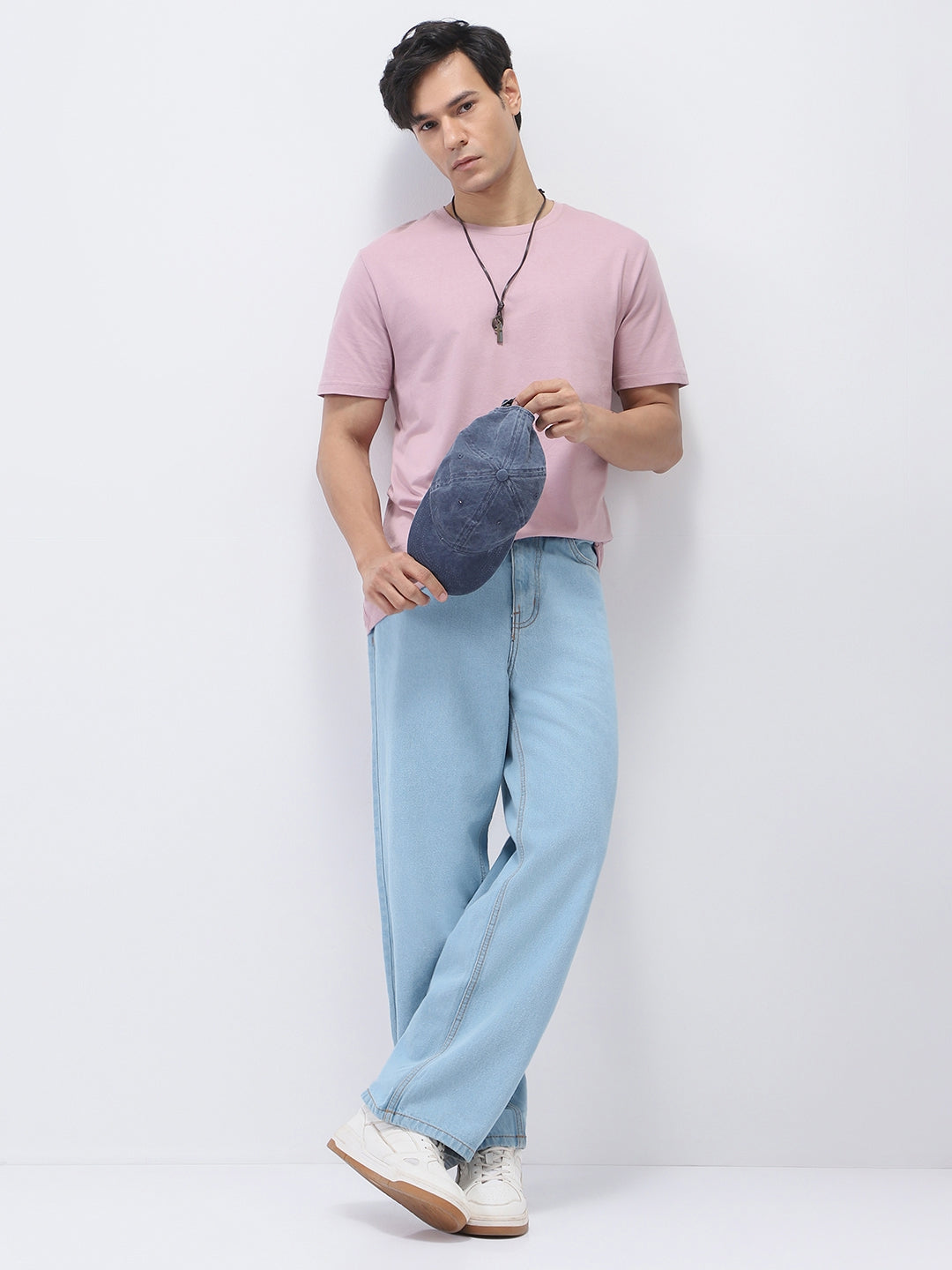 Men's Ice Blue Loose Fit Washed Jeans Non-Stretchable